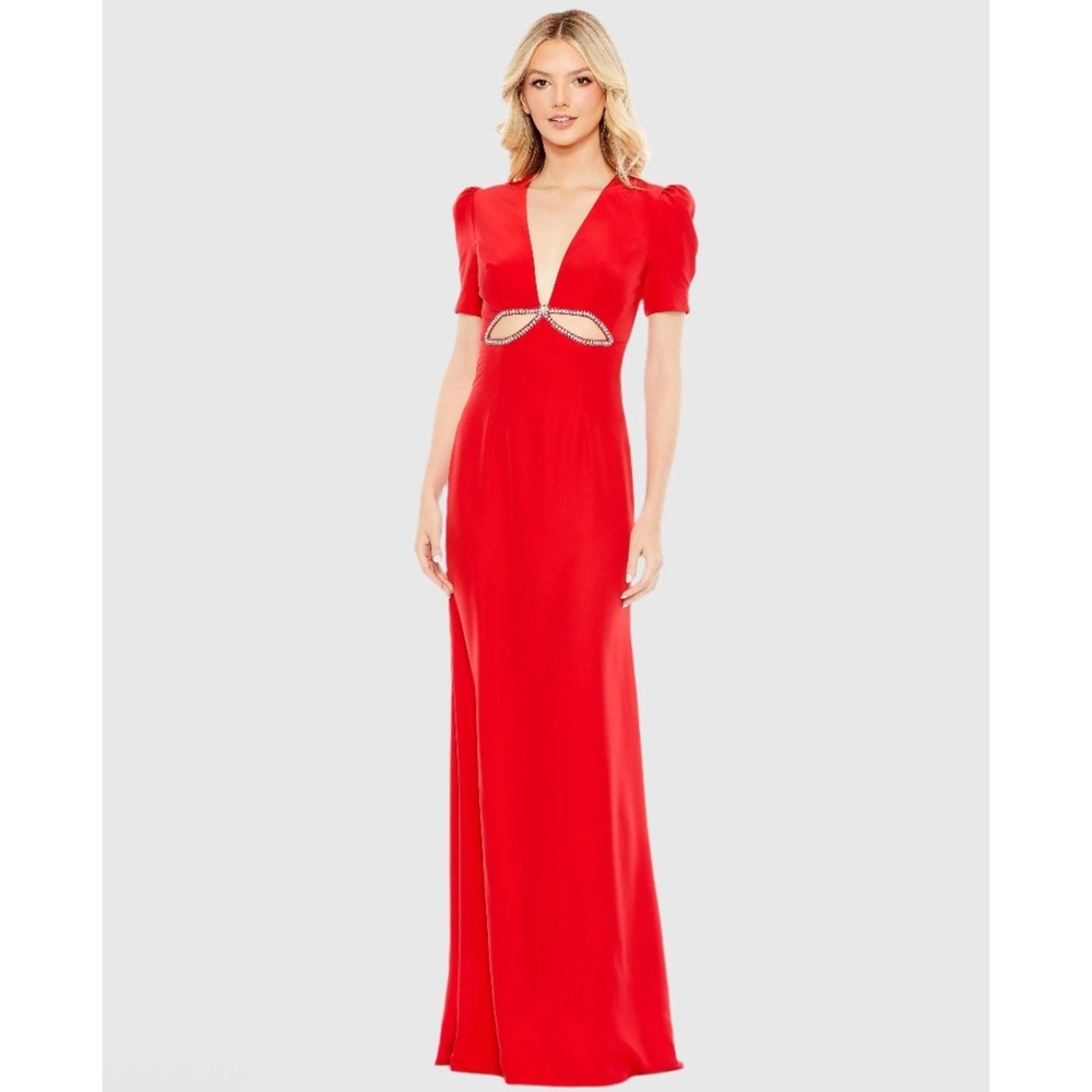 leena Mac Duggal A2630 Plunge Neck Puff Sleeve Cut Out Gown Red‎ Sz 8 $458